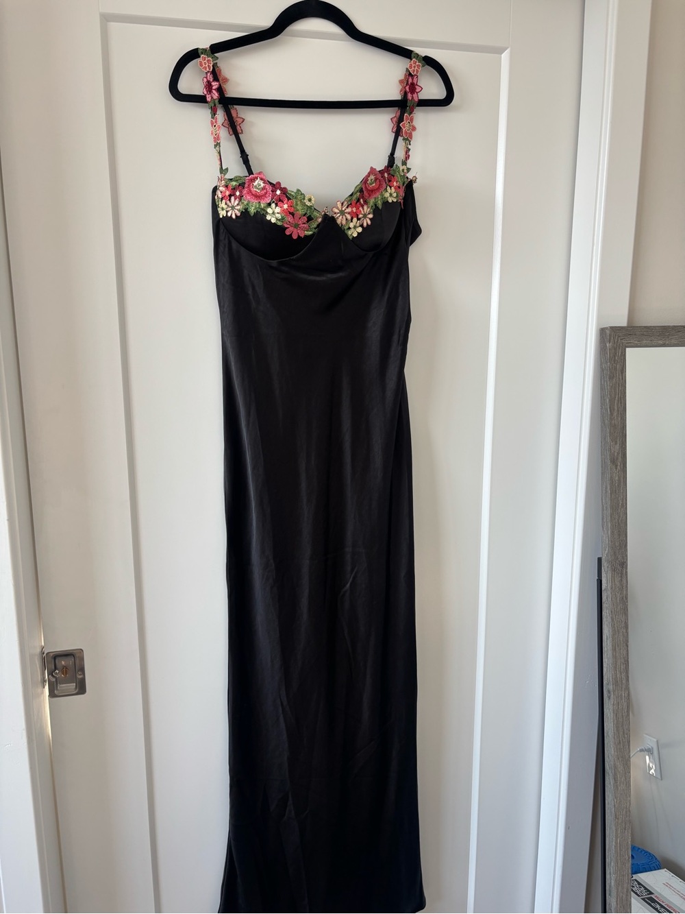 Hello Molly Black Satin Maxi Dress with Pink & Green Floral Straps - Picture 2 of 5
